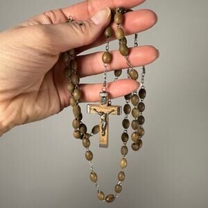 Catholic Rosary Brown Wooden Beaded Silver Tone Crucifix Jesus Cross Necklace